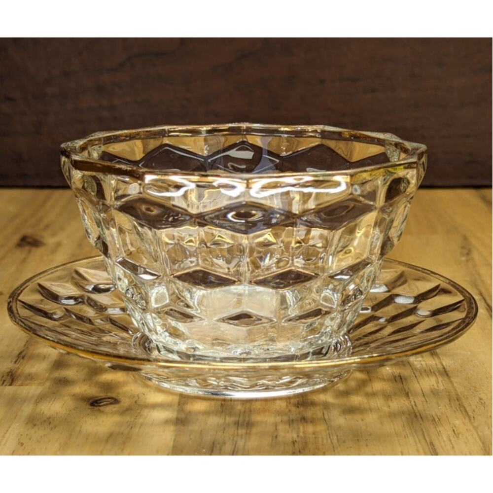 Vtg 40s 50s Jeanette Depression Glass Clear Bowl Dish Saucer Set Trinket Sugar